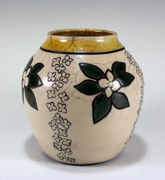 Art Deco Bunchberry Jar with Blossom Stripes Raku Vase  RV 412