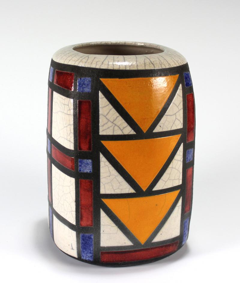 Orange Triangles Arts and Crafts Raku Vase