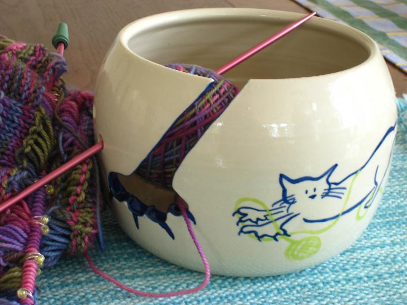 Cat Yarn Bowl with Work in Progress