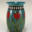 Art Deco Red Tulips on Turquoise Raku Vase RV 411